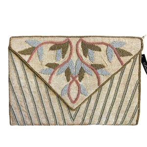 NWT Lulu’s beaded embroidered boho wedding clutch Through the Vine Light Brown